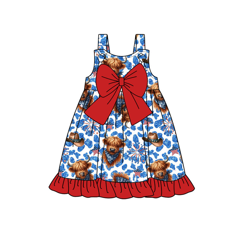 Preorder Baby Girl Straps July 4th Cow Stars Leopard Bow Knee Length Dress ( Moq 5 )