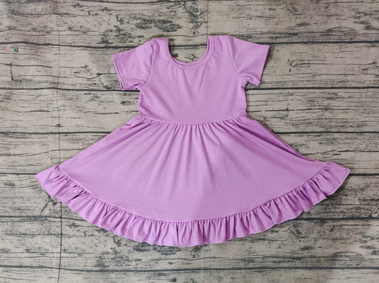 Preorder Baby Girl Short Sleeves Purple Cotton Ruffle Knee Length Dress ( No moq )