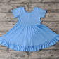 Baby Girl Short Sleeves Blue Cotton Ruffle Knee Length Dress RTS