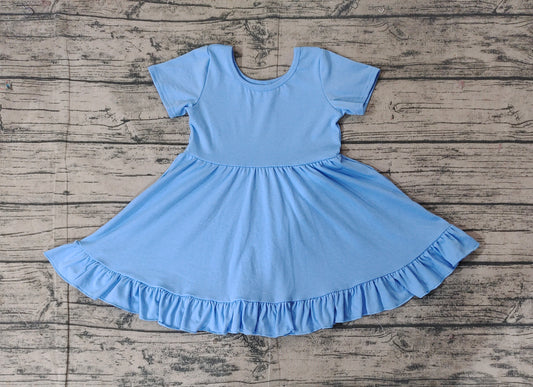 Preorder Baby Girl Short Sleeves Blue Cotton Ruffle Knee Length Dress ( No moq )