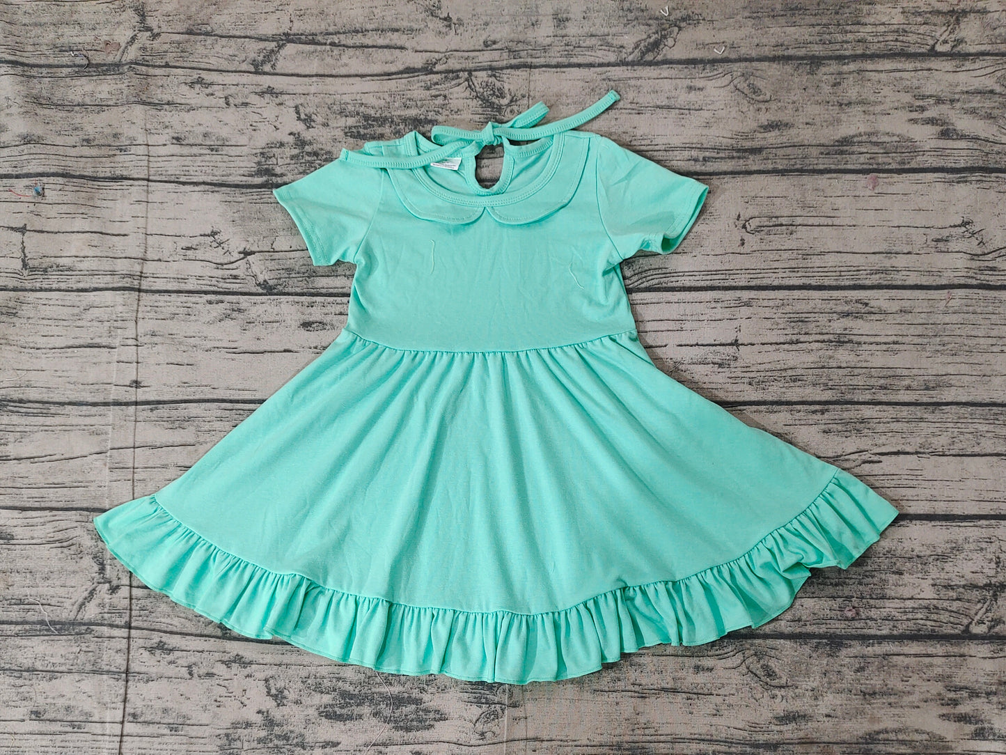 Preorder Baby Girl Short Sleeves Green Cotton Ruffle Knee Length Dress ( No moq )