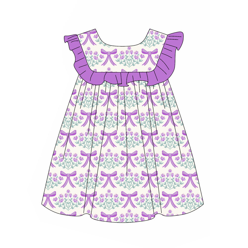 Preorder Baby Girl Purple Bows Flower Ruffles Knee Length Dress ( Moq 5 )