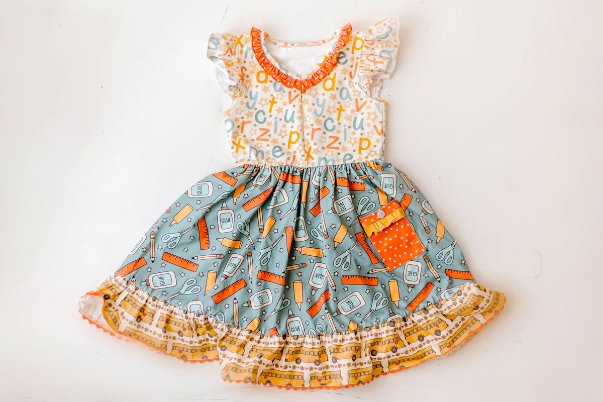 Preorder Baby Girl Short Sleeves Back To School Bus Pencil Pocket Dress ( Moq 5 )