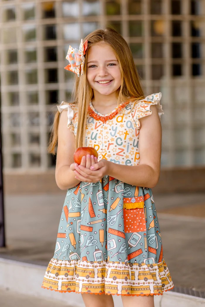 Preorder Baby Girl Short Sleeves Back To School Bus Pencil Pocket Dress ( Moq 5 )