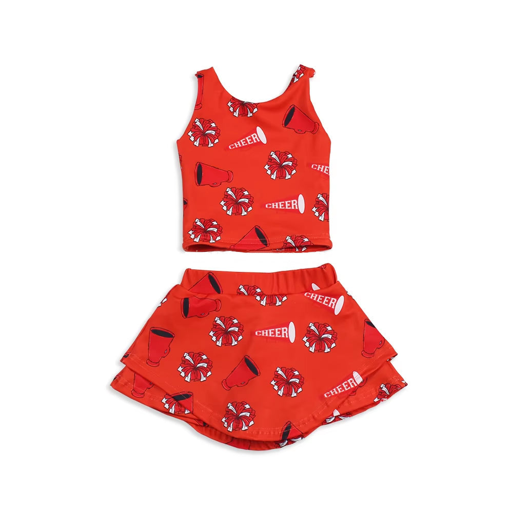 (Pre-order) Baby Girl Sleeveless Cheer Shirt Tops Skirts Shorts Skorts Yoga Active Wear Red Set ( Moq 5 )