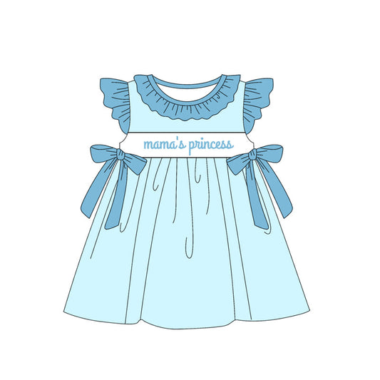 Preorder Baby Girl Short Sleeves Mama's Princess Bows Knee Length Blue Dress ( Moq 5 )