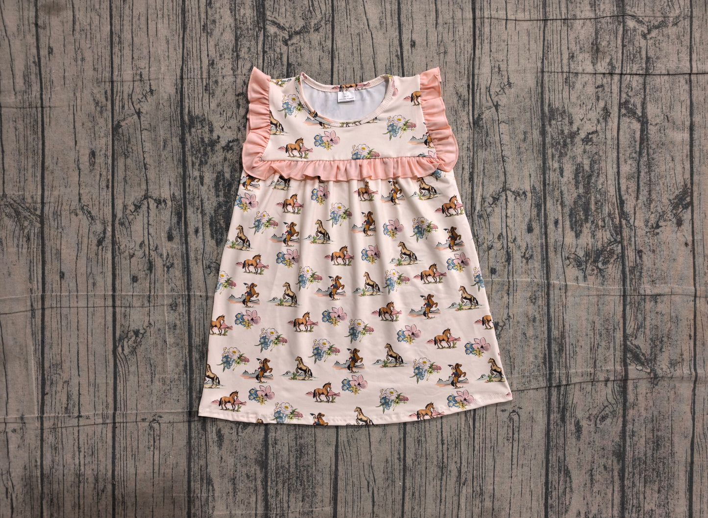( No moq ) Preorder Baby Girl Western Horse Flower Knee Length Dress