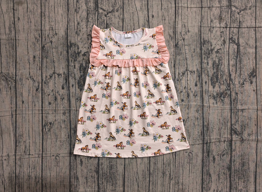 ( No moq ) Preorder Baby Girl Western Horse Flower Knee Length Dress