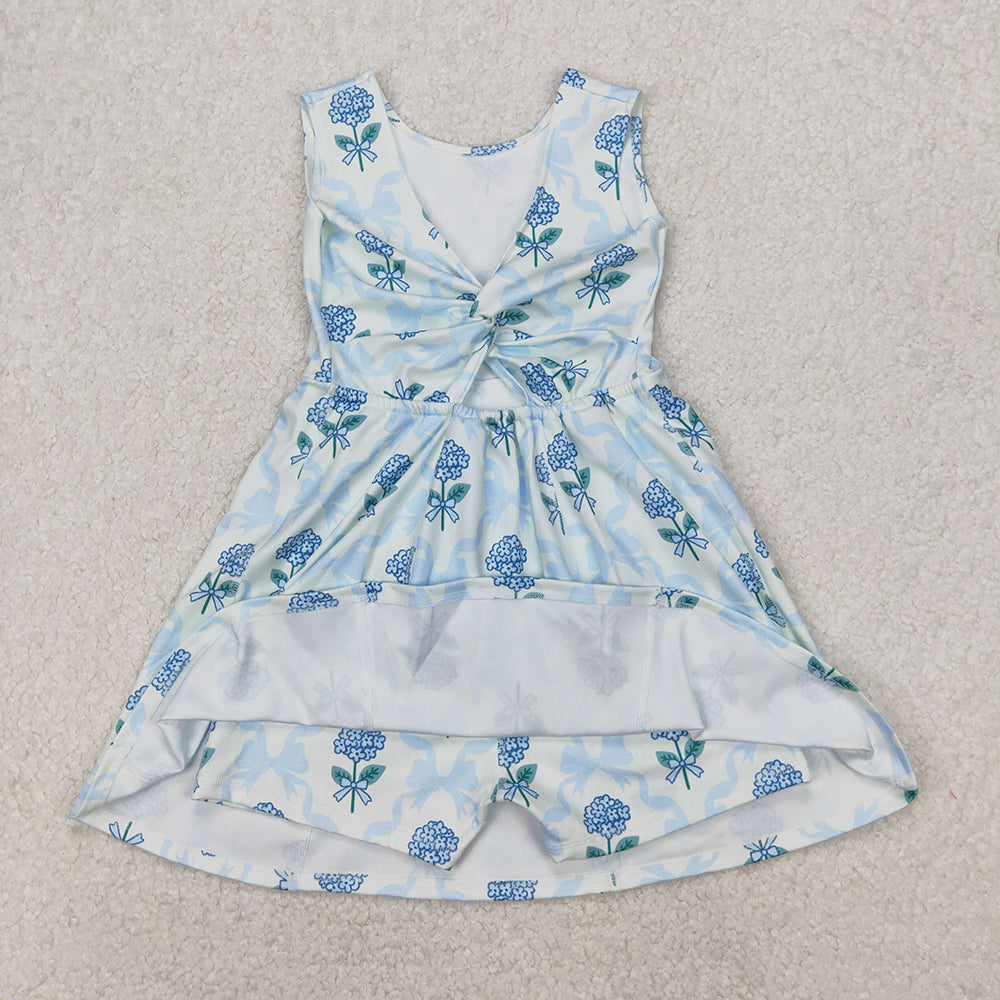 Baby Girl Blue Flower Bows Sibling Set Yoga Skort Dress RTS