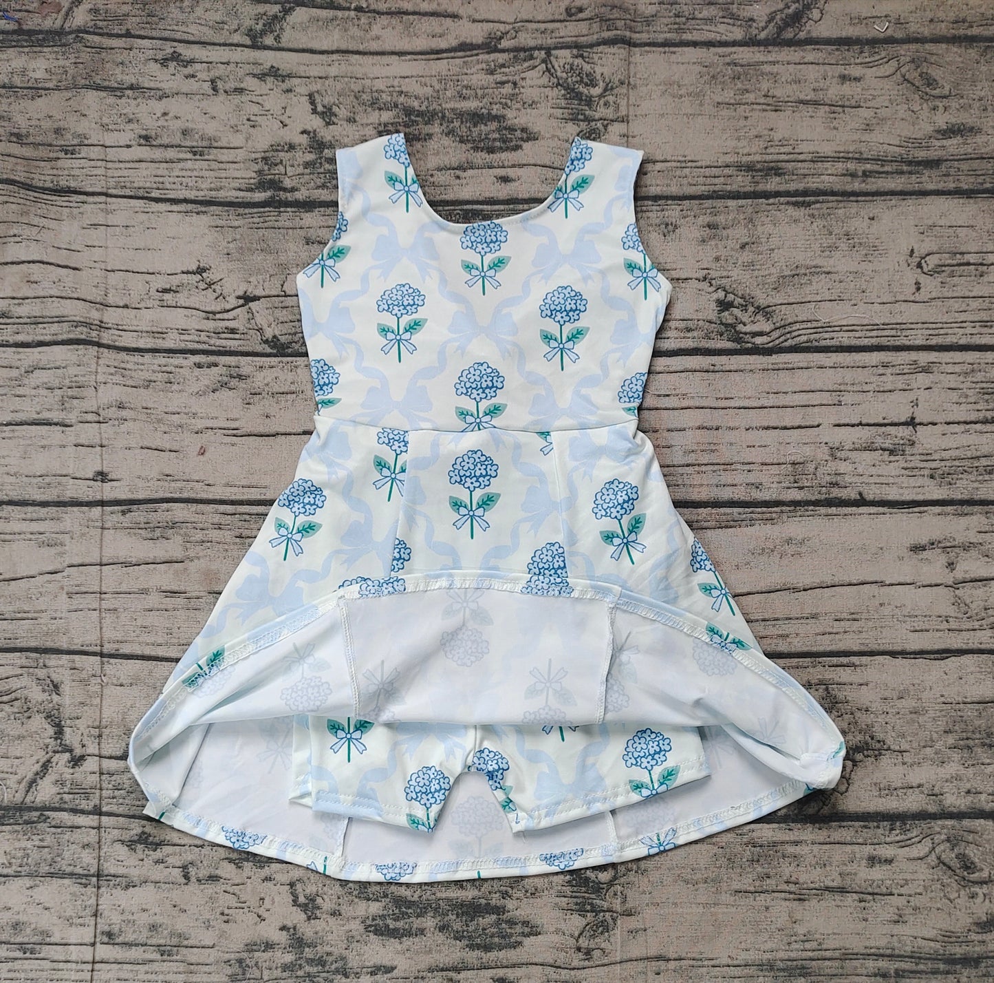 Preorder Baby Girl Flower Blue Bows Yoga Active Wear Knee Length Dress ( No moq )