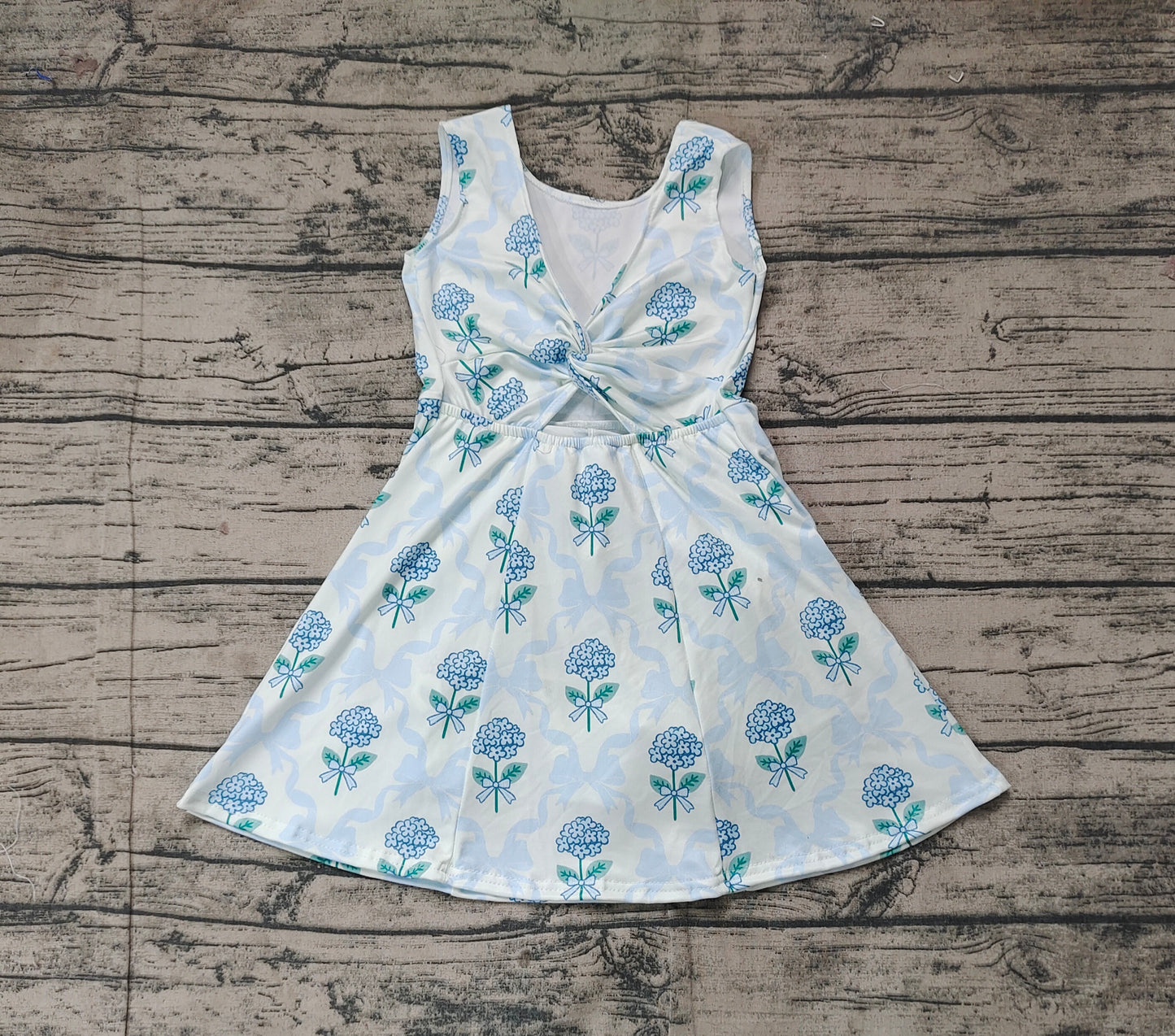 Preorder Baby Girl Flower Blue Bows Yoga Active Wear Knee Length Dress ( No moq )