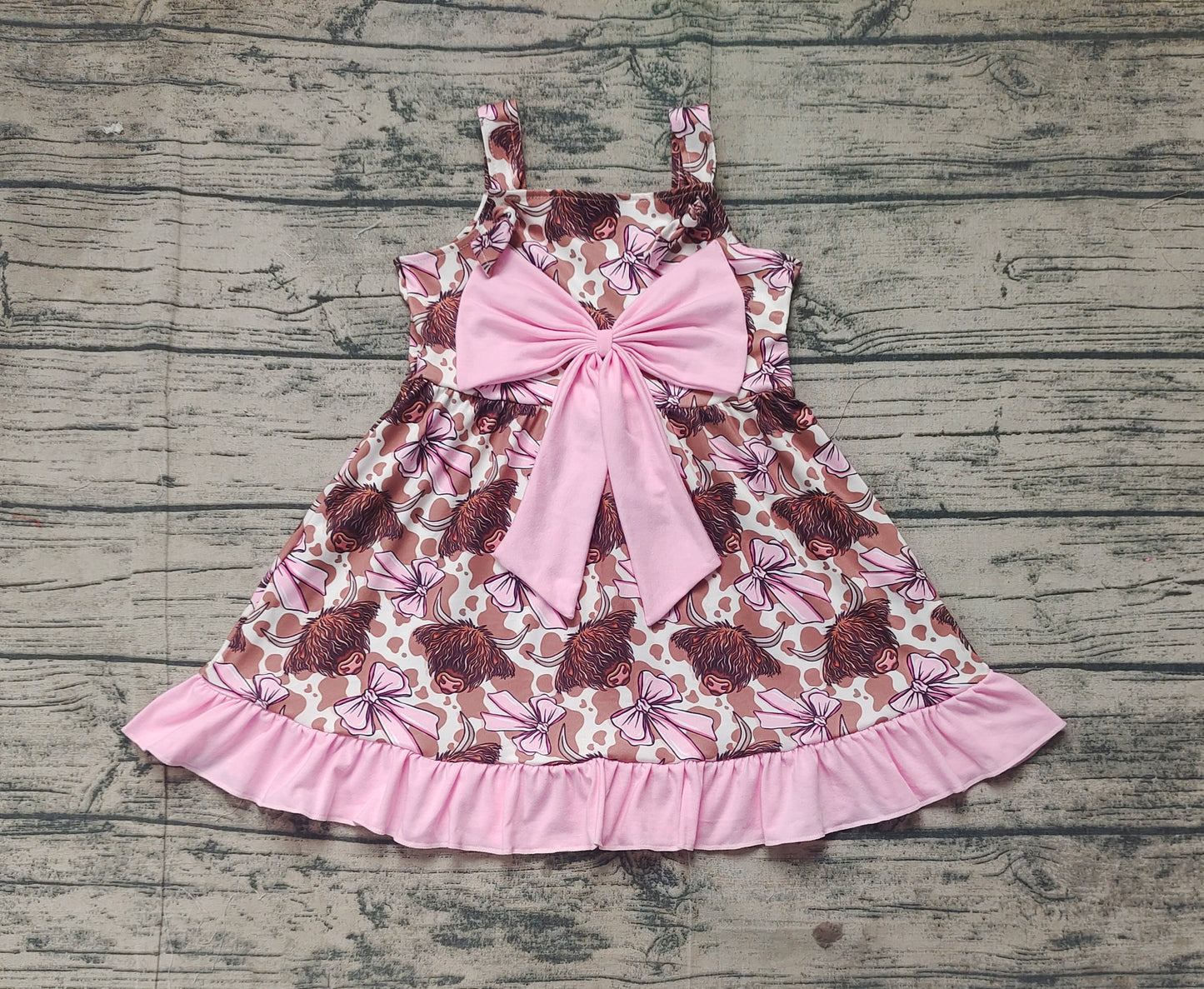 Preorder Baby Girl Straps Western Pink Bows Cow Knee Length Dress (  No moq )