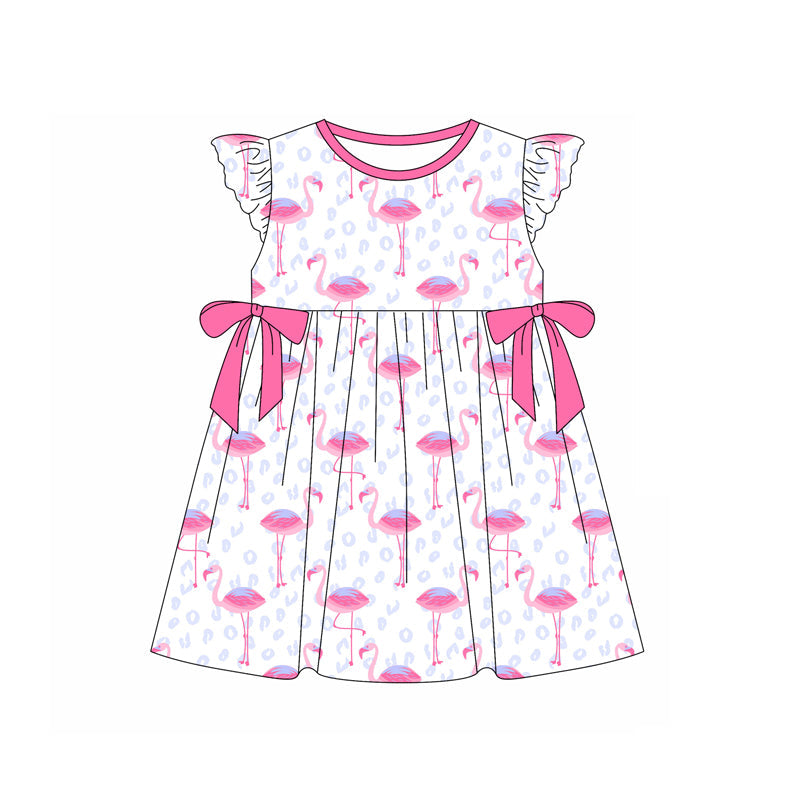 Preorder Baby Girl Short Sleeves Flamingo Leopard Bows Knee Length Dress ( Moq 5 )