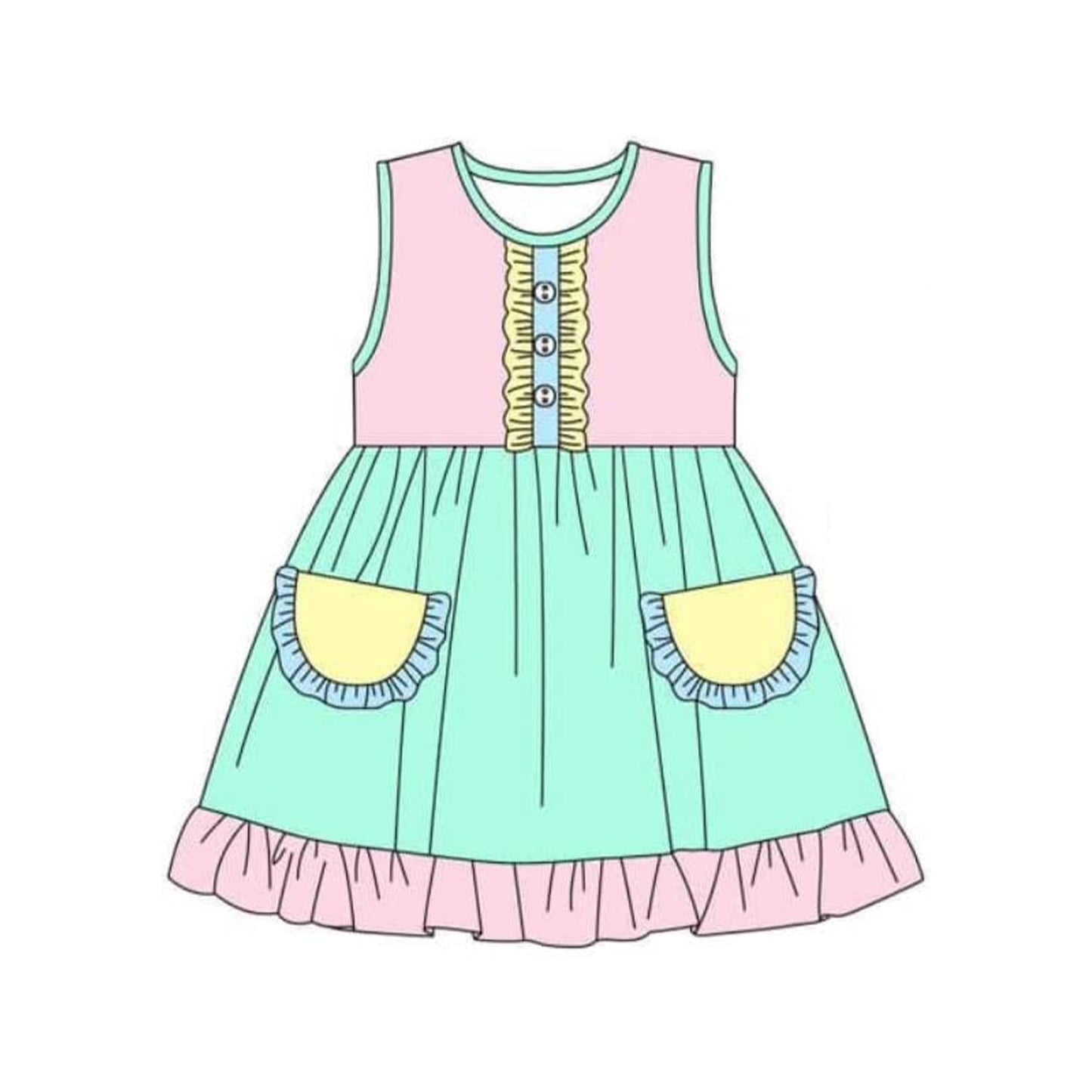 Preorder Baby Girl Sleeveless Pockets Colorful Knee Length Dress ( Moq 5 )