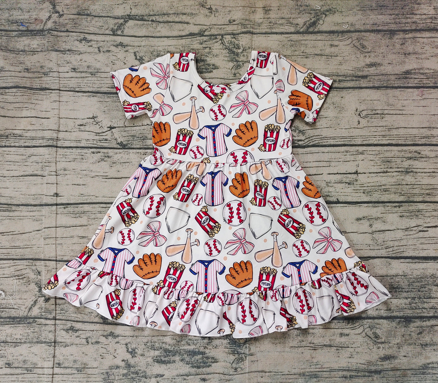 Preorder Baby Girl Short Sleeves Baseball Bows Knee Length Dress ( No moq )