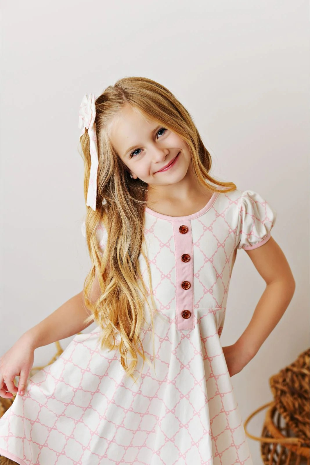 Preorder Baby Girl Short Sleeves Pink Bows Knee Length Dress ( Moq 5 )