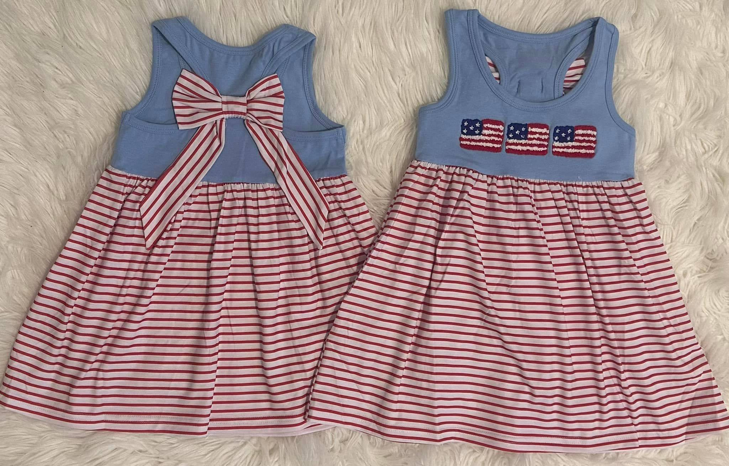 Preorder Baby Girl Sleeveless Flags Stripes 4th of July Knee Length Dress ( Moq 5 )