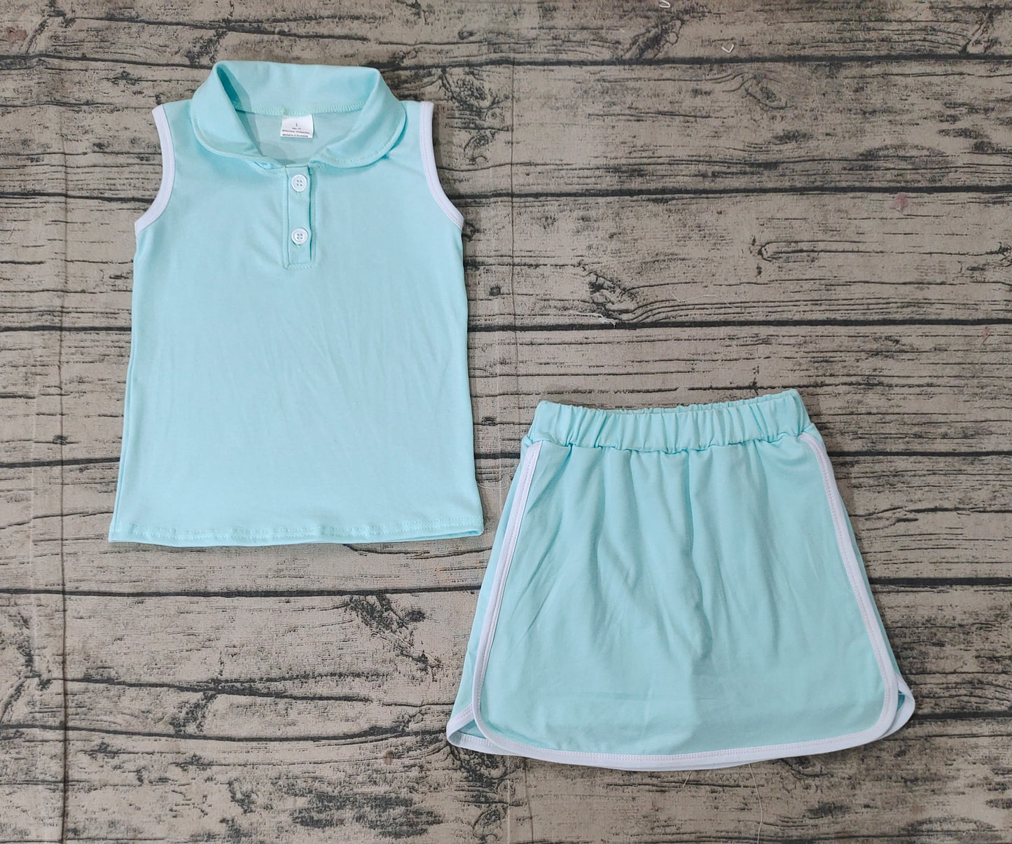 Preorder Baby Girl Green Pullover Buttons Shirt Shorts Skirt Skort Clothes Sports Set ( No moq )