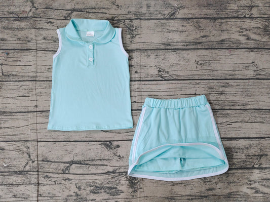 Preorder Baby Girl Green Pullover Buttons Shirt Shorts Skirt Skort Clothes Sports Set ( No moq )