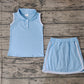 Preorder Baby Girl Blue Pullover Buttons Shirt Shorts Skirt Skort Clothes Sports Set ( No moq )