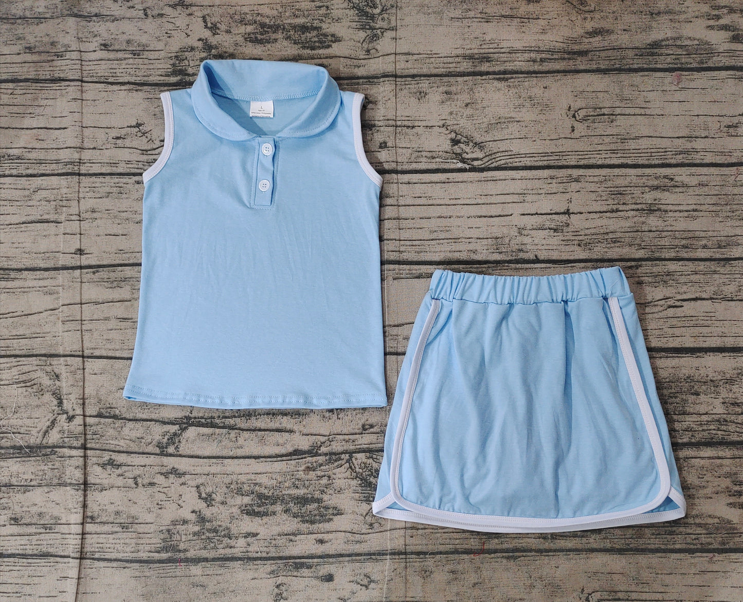 Preorder Baby Girl Blue Pullover Buttons Shirt Shorts Skirt Skort Clothes Sports Set ( No moq )