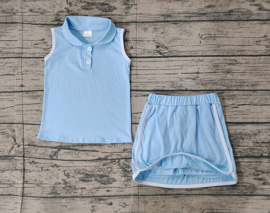 Preorder Baby Girl Blue Pullover Buttons Shirt Shorts Skirt Skort Clothes Sports Set ( No moq )