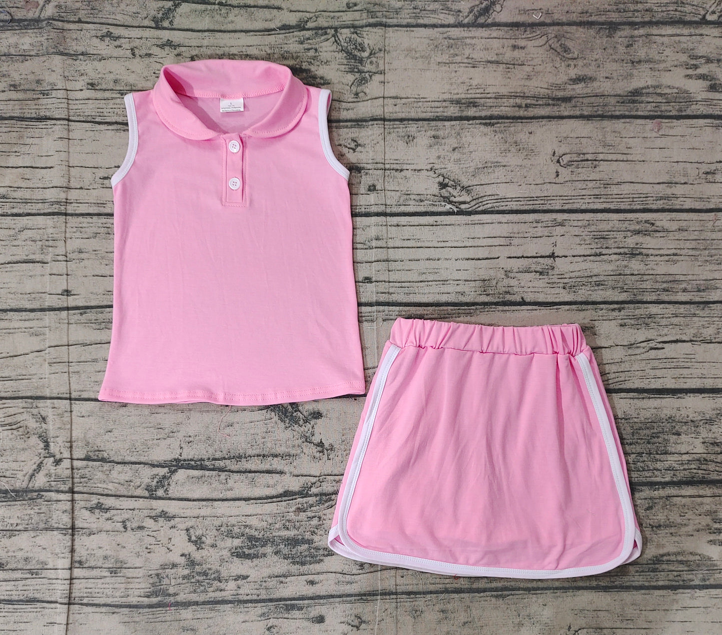 Preorder Baby Girl Pink Pullover Buttons Shirt Shorts Skirt Skort Clothes Sports Set ( No moq )