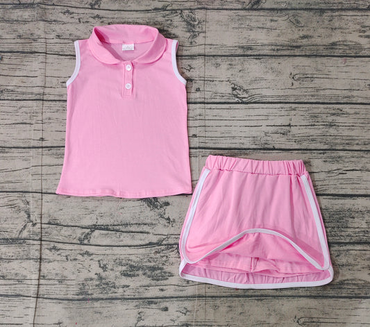 Preorder Baby Girl Pink Pullover Buttons Shirt Shorts Skirt Skort Clothes Sports Set ( No moq )