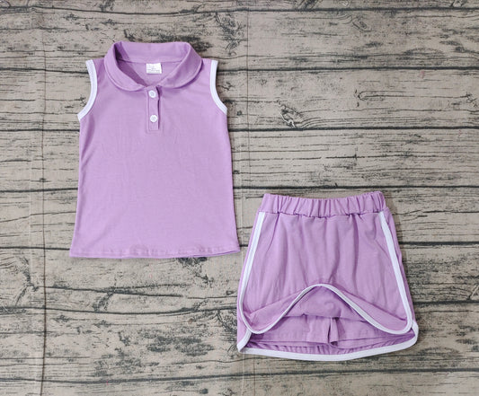 Preorder Baby Girl Purple Pullover Buttons Shirt Shorts Skirt Skort Clothes Sports Set ( No moq )