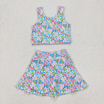 Baby Girl Sleeveless Flower Bows Sibling Athletic Yoga Skort Set Clothes RTS