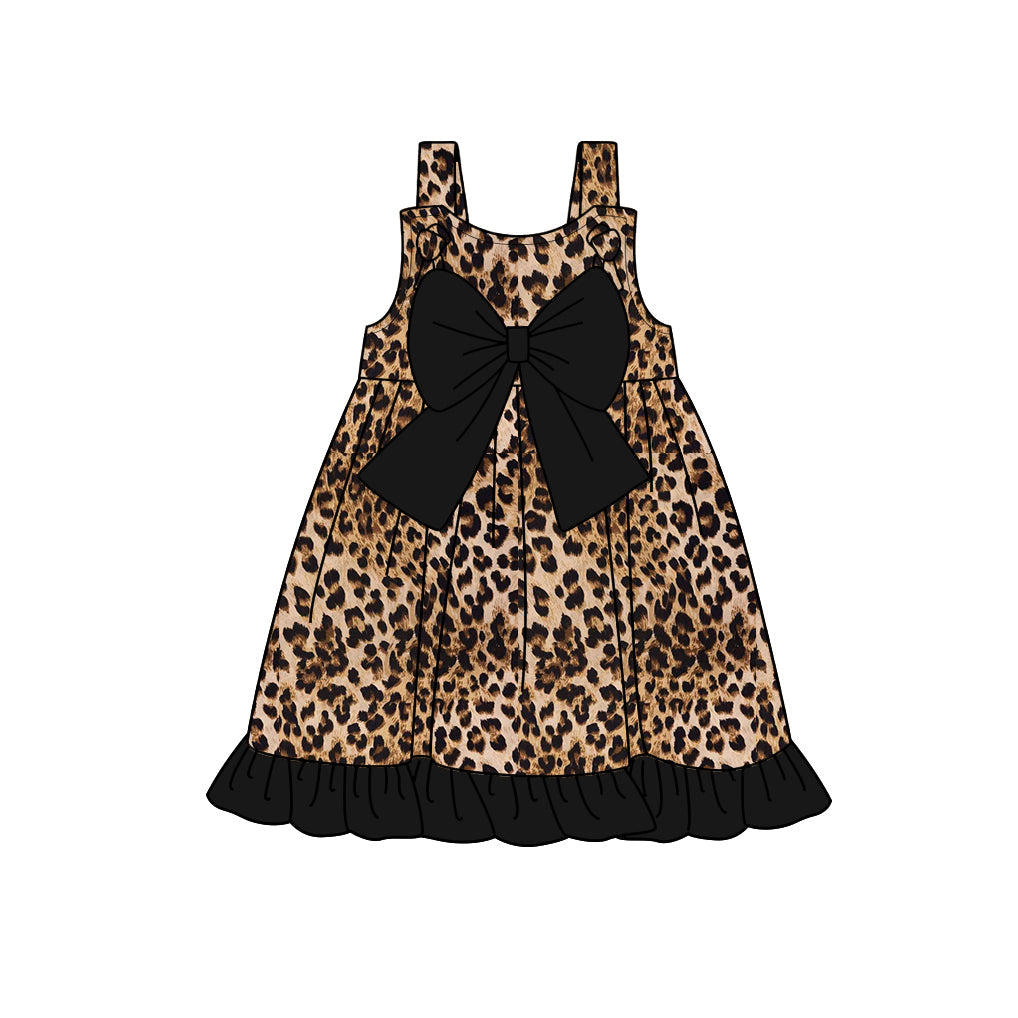 Preorder Baby Girl Straps Black Bow Leopard Ruffle Knee Length Dress ( Moq 5 )
