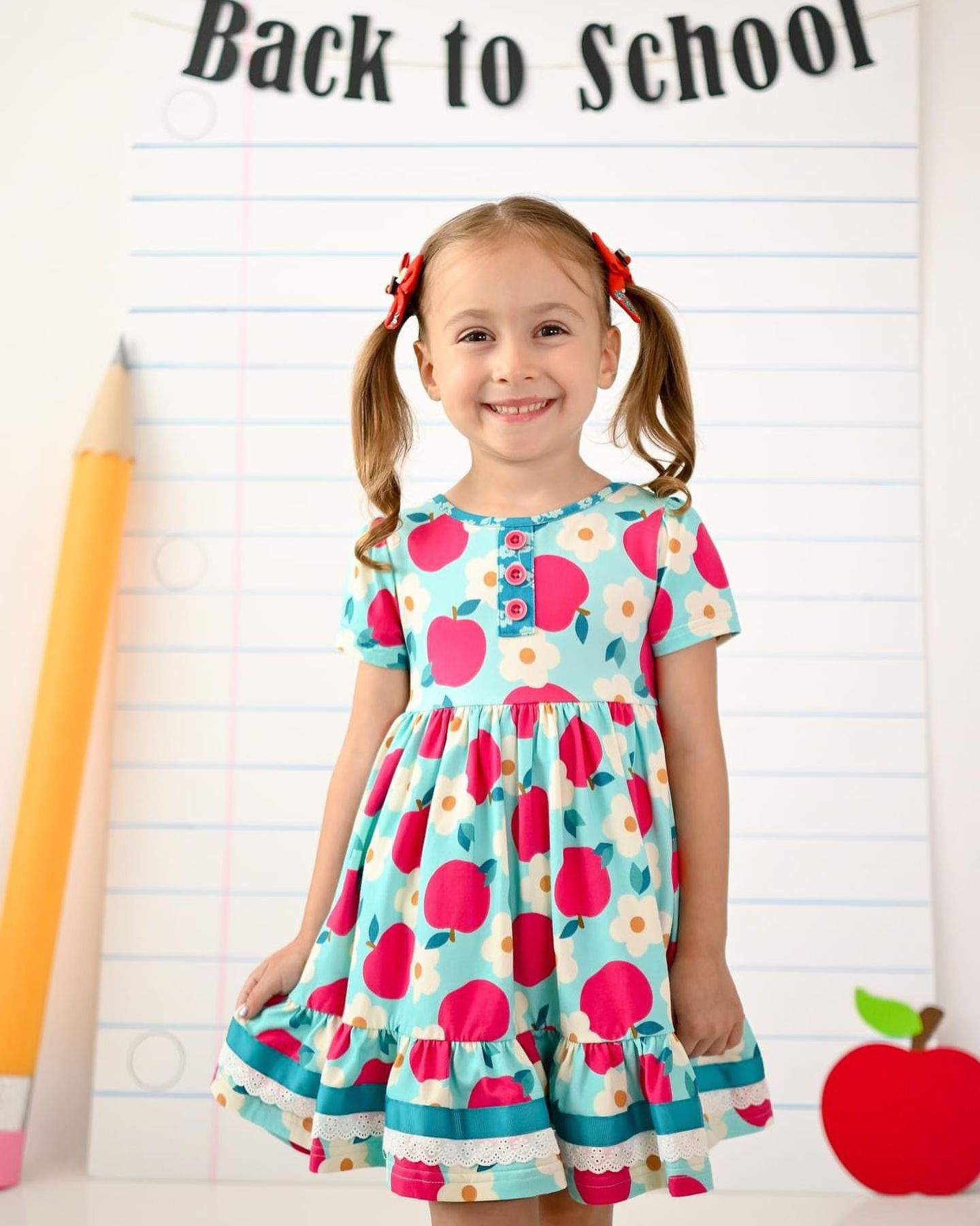 Preorder Baby Girl Kids Toddler Back To School Flower Apple Knee Length Dress ( Moq 5 )