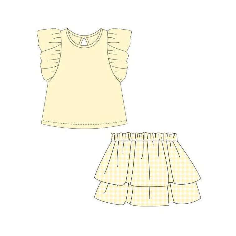 Preorder Baby Girl Short Sleeves Yellow Shirt Ruffle Checked Skirt Clothes Set ( Moq 5 )