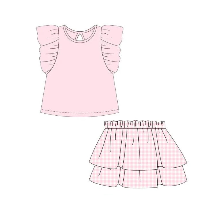 Preorder Baby Girl Short Sleeves Pink Shirt Ruffle Checked Skirt Clothes Set ( Moq 5 )