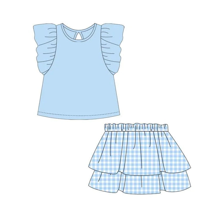 Preorder Baby Girl Short Sleeves Blue Shirt Ruffle Checked Skirt Clothes Set ( Moq 5 )