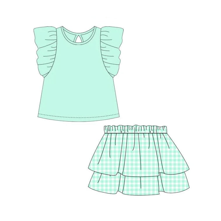 Preorder Baby Girl Short Sleeves Green Shirt Ruffle Checked Skirt Clothes Set ( Moq 5 )