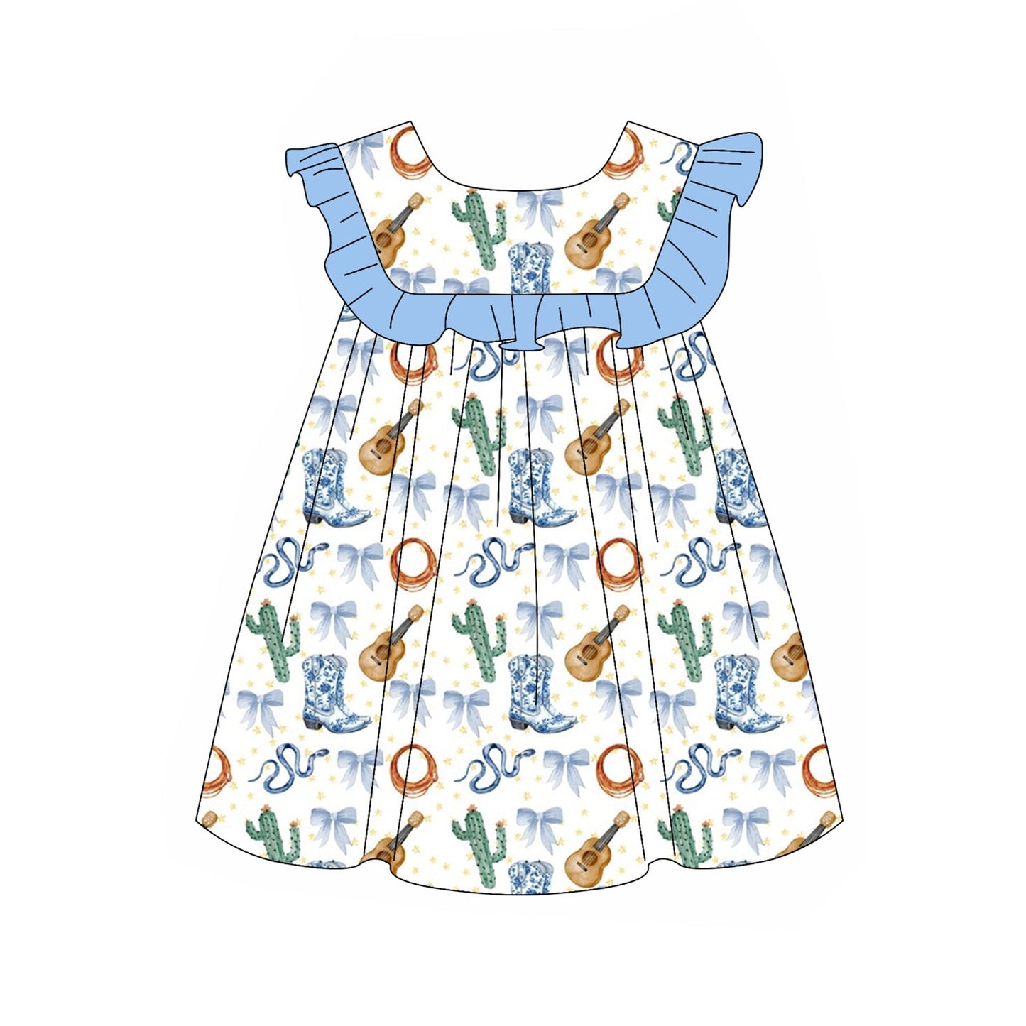 Preorder Baby Girl Western Boots Cactus Guitar Knee Length Dress ( Moq 5 )