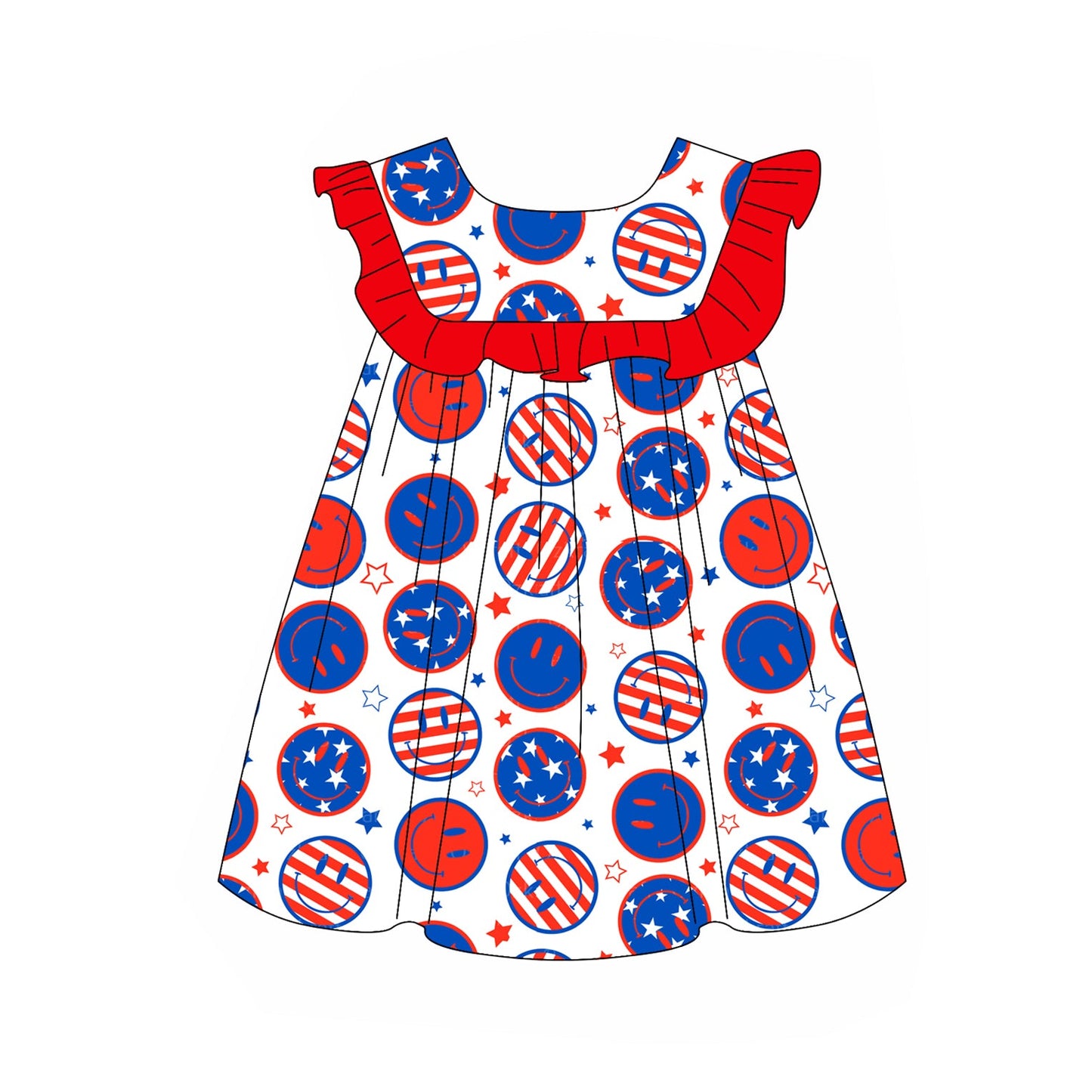 Preorder Baby Girl July 4th Smile Stars Knee Length Ruffle Dress ( Moq 5 )