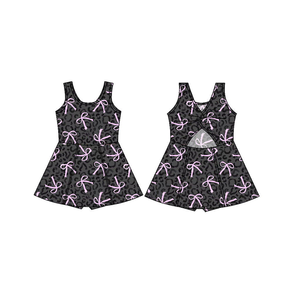 Preorder Baby Girl Sleeveless Black Leopard Bows Yoga Active Wear Dress ( Moq 5 )
