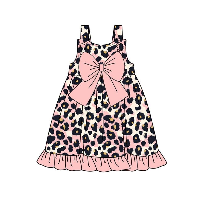 Preorder Baby Girl Straps Leopard Pink Bow Knee Length Dress ( Moq 5 )