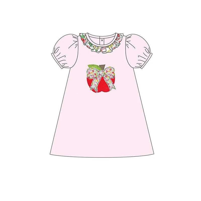 Preorder Baby Girl Kids Back To School Apple Bow Pink Dress ( Moq 5 )