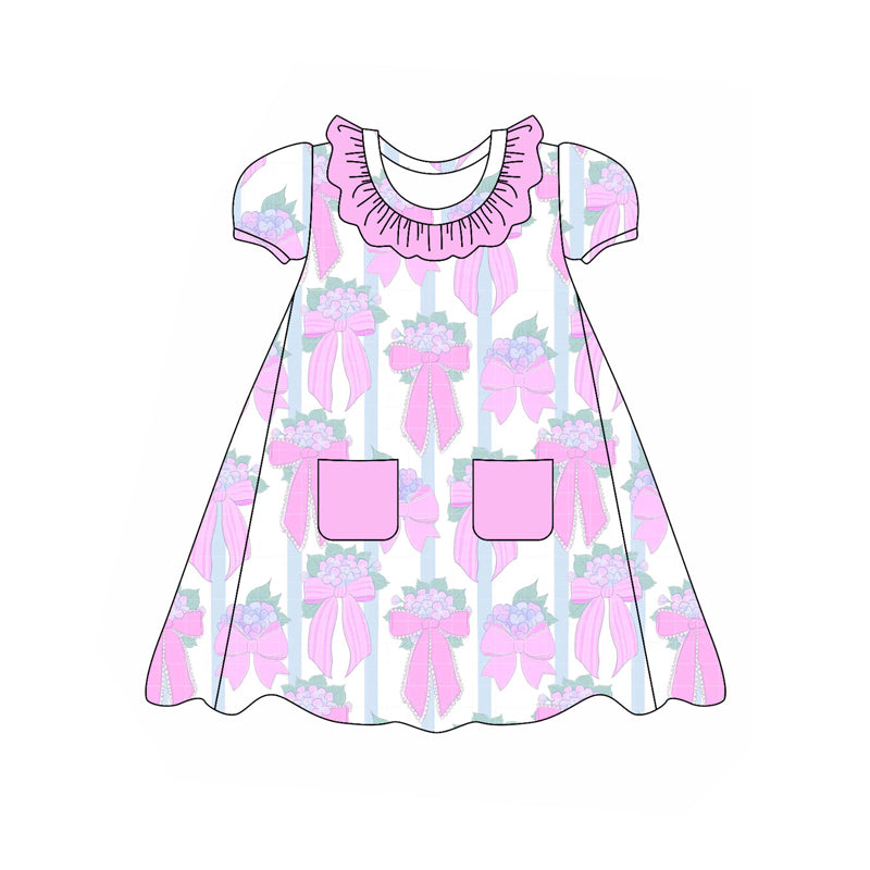 Preorder Baby Girl Short Sleeves Flower Pink Bows Pockets Dress ( Moq 5 )