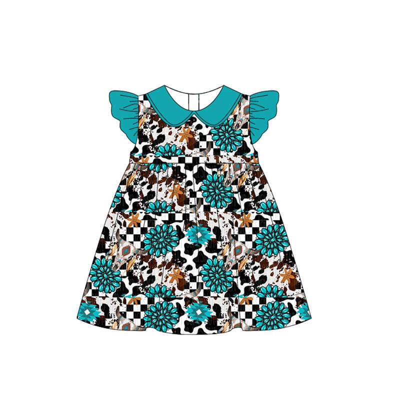 Preorder Baby Girl Infant Short Sleeves Western Turquoise Dress（ Moq 5 ）