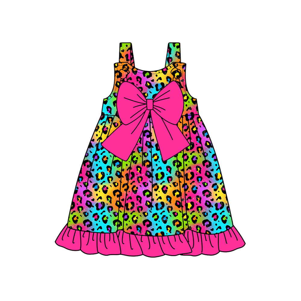 Preorder Baby Girl Straps Colorful Leopard Bow Ruffle Knee Length Dress（ Moq 5 ）
