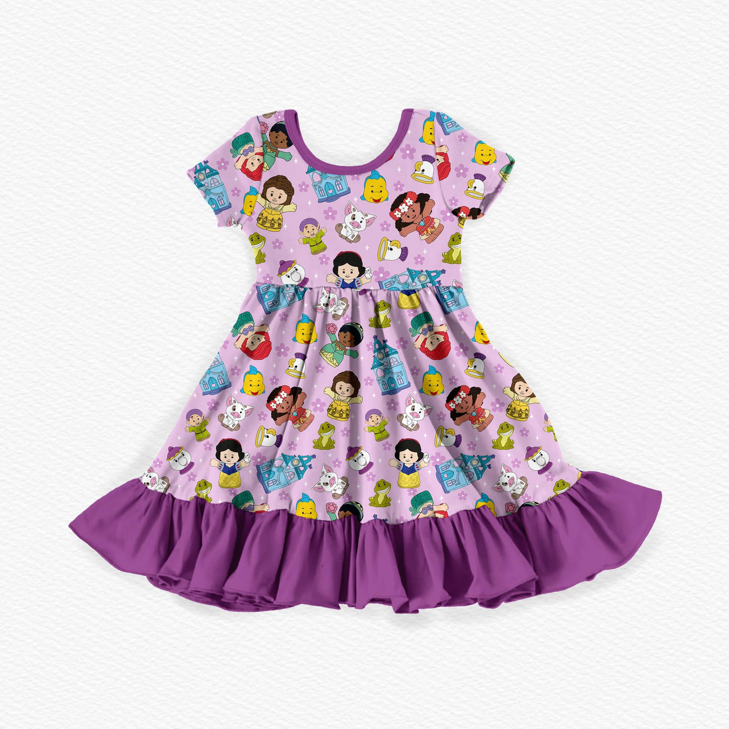 Preorder Baby Girl Cartoon Castle Purple Ruffle Knee Length Dress（ Moq 5 ）