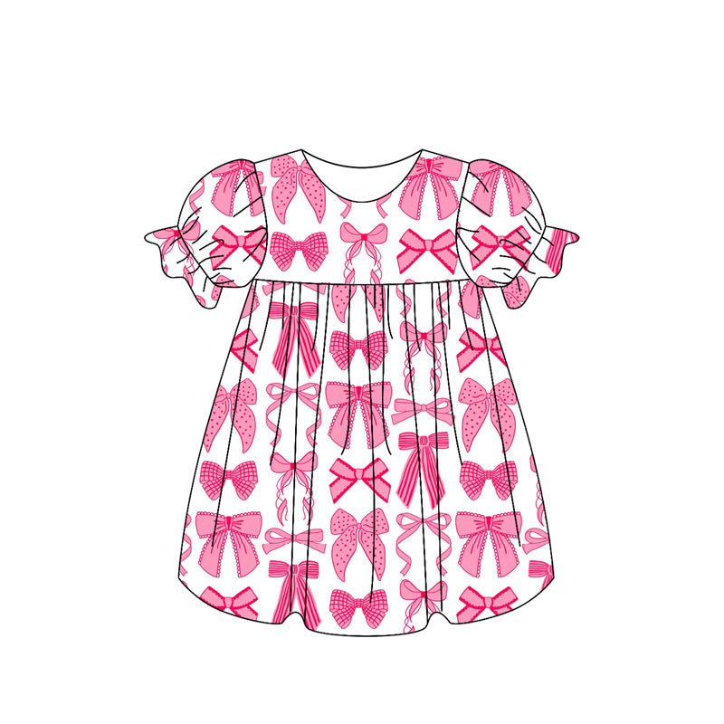 Preorder Baby Girl Short Sleeves Pink Bows Knee Length Dress ( Moq 5 )