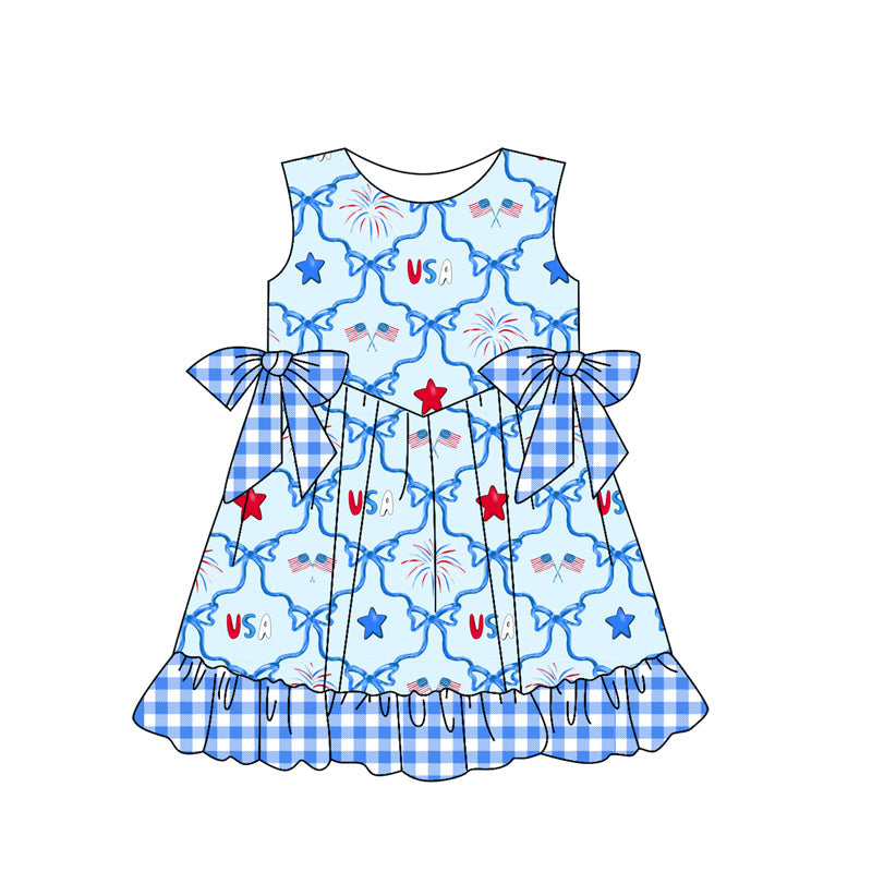 Preorder Baby Girl July 4th USA Flags Bows Knee Length Dress ( Moq 5 )
