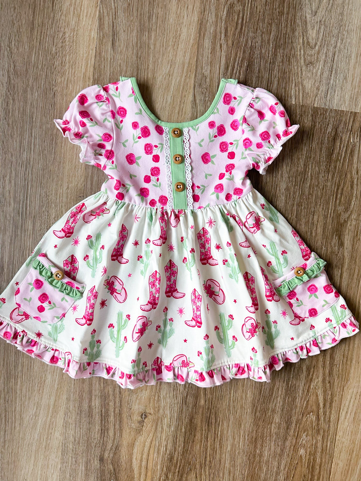 Preorder Baby Girl Flower Western Boots Pockets Knee Length Dress ( Moq 5 )