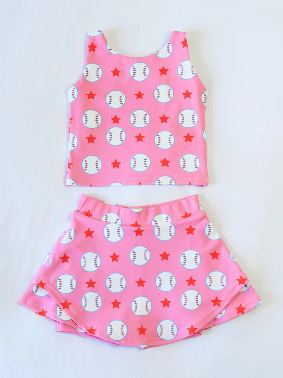 Preorder Baby Girl Sleeveless Baseball Stars Shirt Skorts Clothes Set ( Moq 5 )