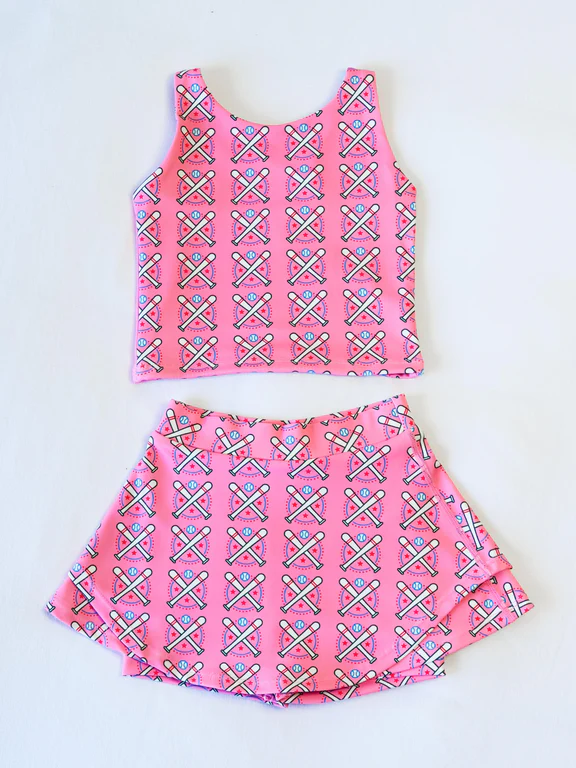Preorder Baby Girl Sleeveless Baseball Shirt Skorts Clothes Pink Set ( Moq 5 )